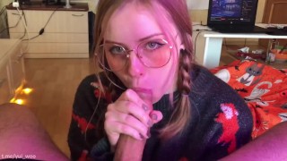 Cumshot on the face of a CUTE STEPSISTER